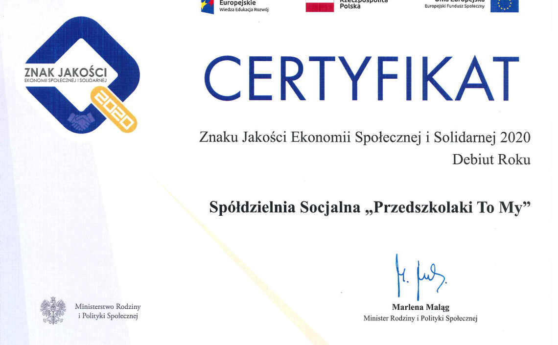 Nasza Spółdzielnia Socjalna z certyfikatem Znaku Jakości Ekonomii Społecznej i Solidarnej